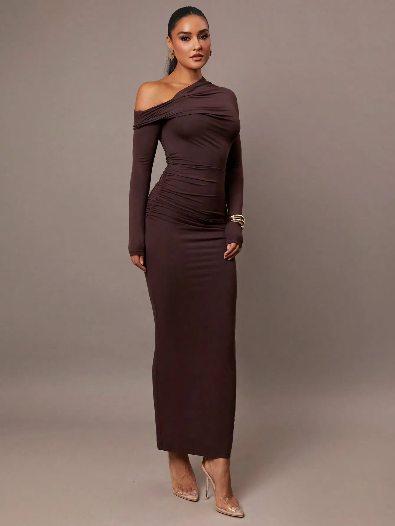 Solid Color Stretch Knitted, Sloping Shoulder Collar, Romantic Date, Autumn And Winter Bottoming Knitted Dress,