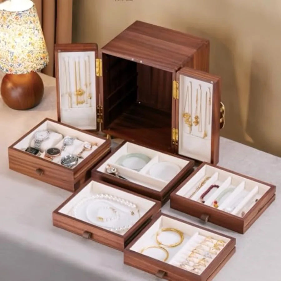 Wooden Jewelry Box 5 Layers Solid Wood Black Walnut Large Jewelry Organizer with Brass Handle for Necklaces Rings Earrings Watc