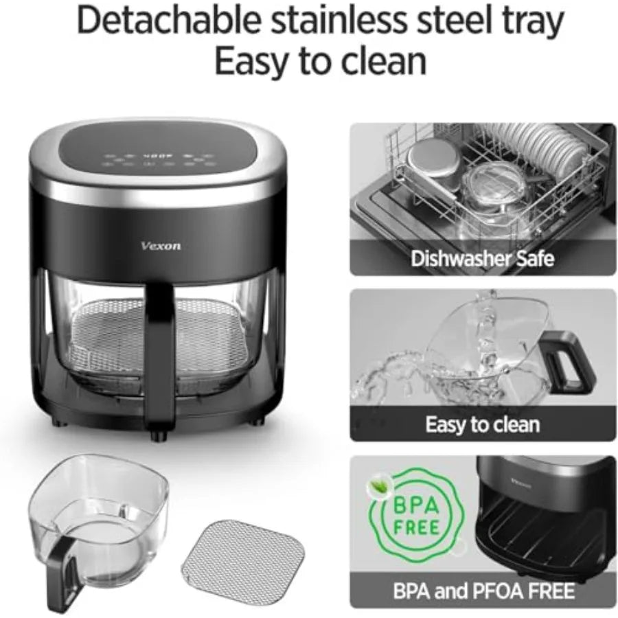 4.5QT Glass Air Fryer with Viewing Glass Pot for Air Frying Roasting Reheating Dehydrating Nonstick Dishwasher Safe Basket 97 L