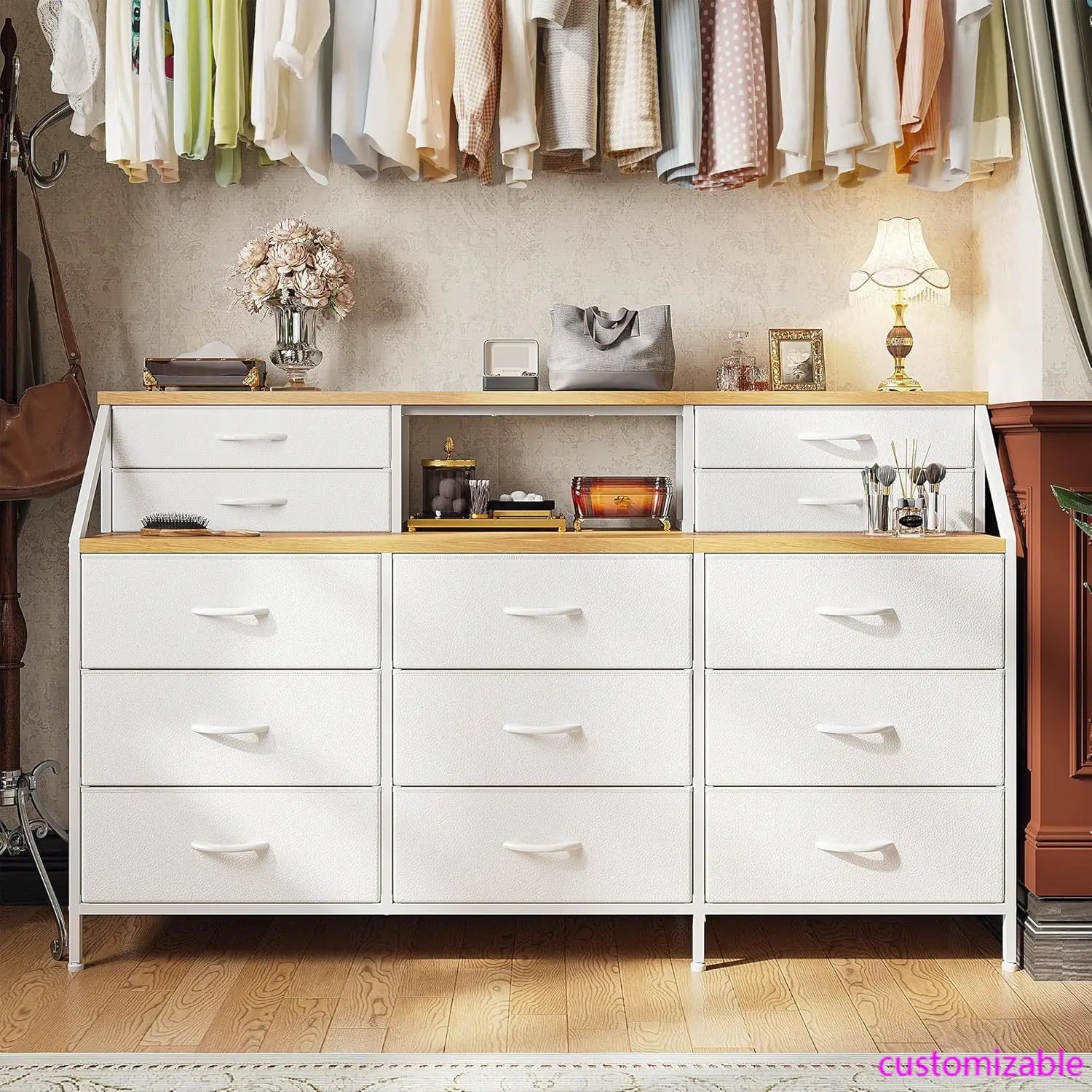 55" W White Dresser for Bedroom, Dressers & Chests of Drawers with 13 Fabric Drawers and 2 Open Shelves, White Dresser