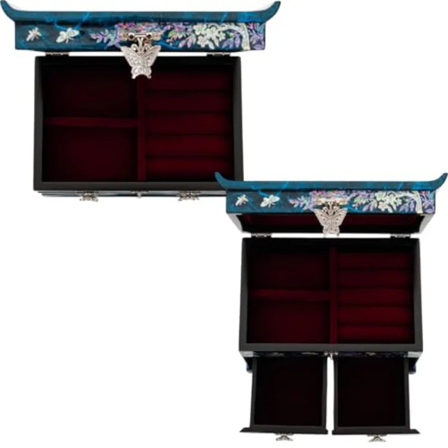 Elegant Mother of Pearl Jewelry Box Handcrafted Wooden Chest with Intricate Butterfly and Crane Designs 4 Drawer Storage and Re