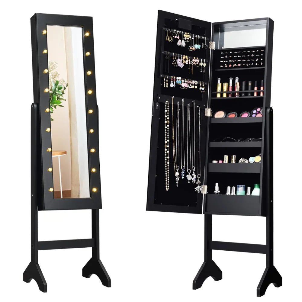 Full Length Mirror Jewelry Organizer Vanity Box w/ 18 LED Lights Black