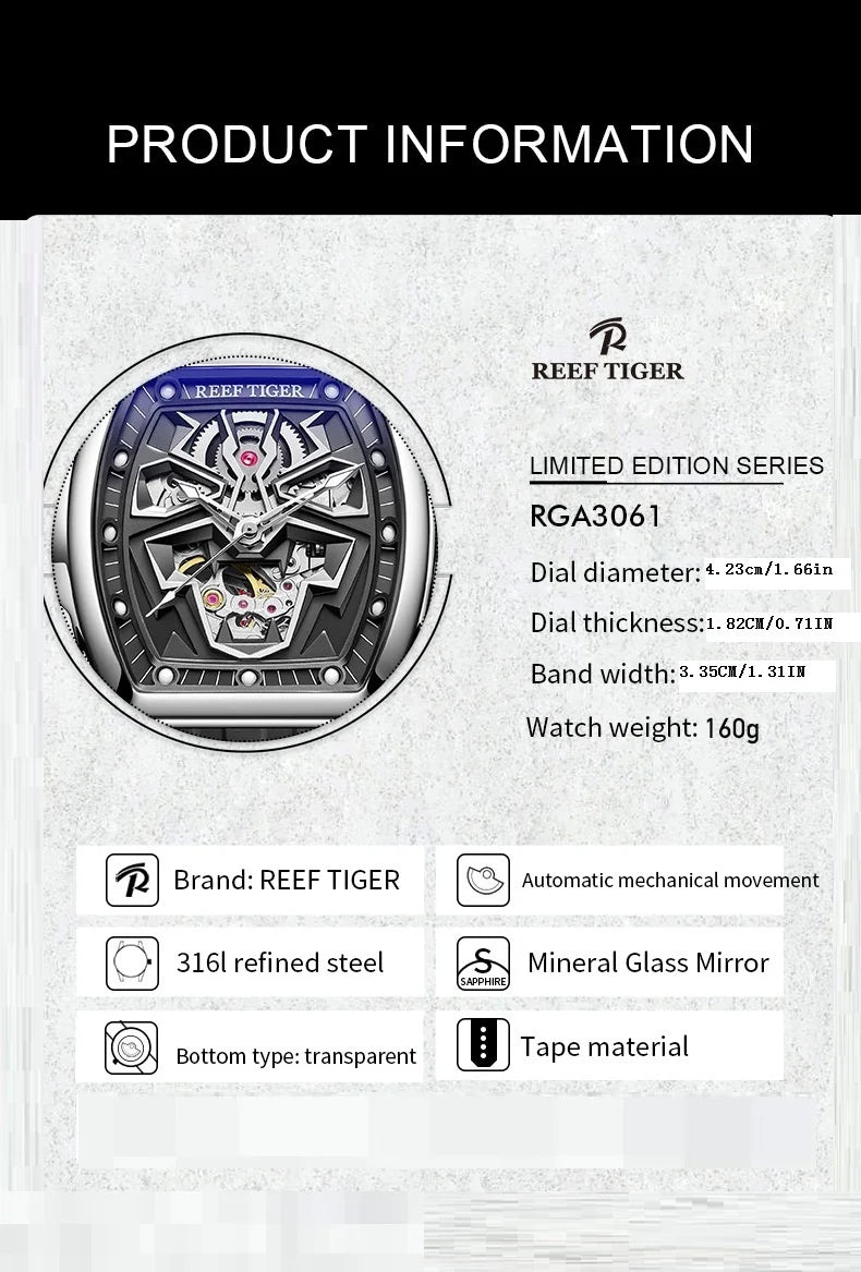 reef tiger brand men's fully automatic mechanical watches, business men's watches, men's sports watches