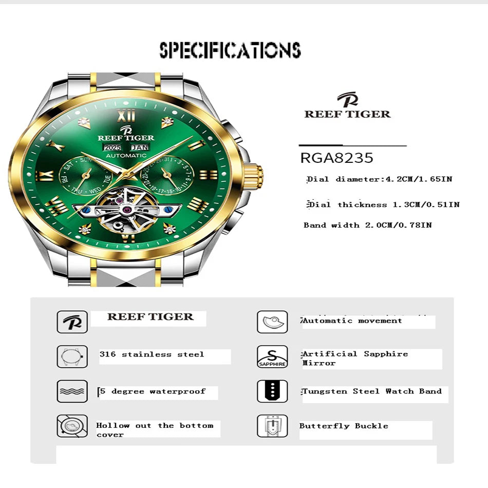 reef tiger Men's Automatic Mechanical Watch, Men's Casual Business Wristwatch RGA8235