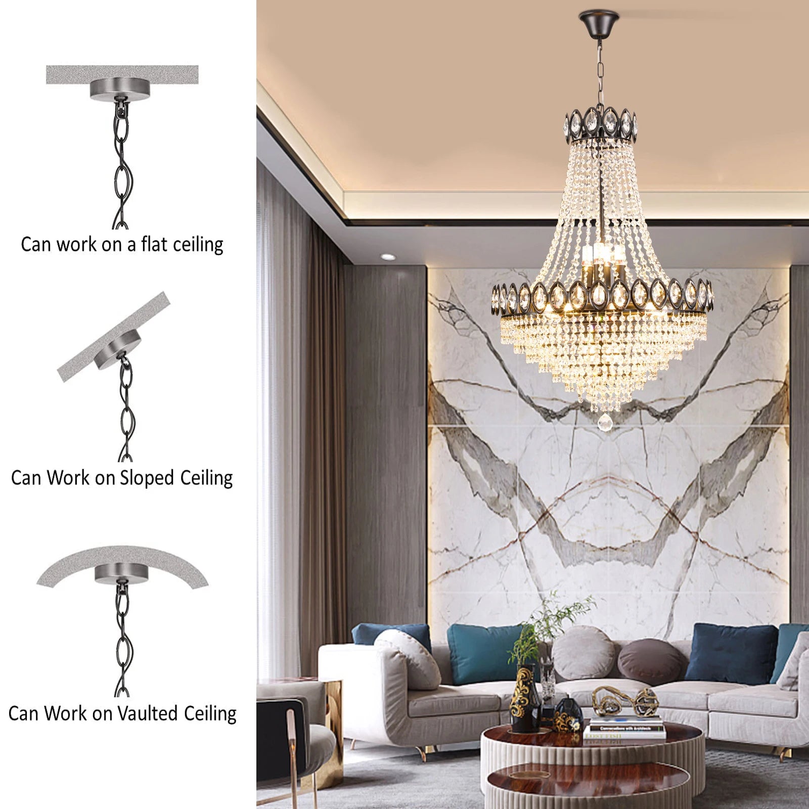 Unique Elegant Crystal Chandelier with Adjustable Chain Soft light for High Ceiling Foyer Entryway Living Room Dining Room