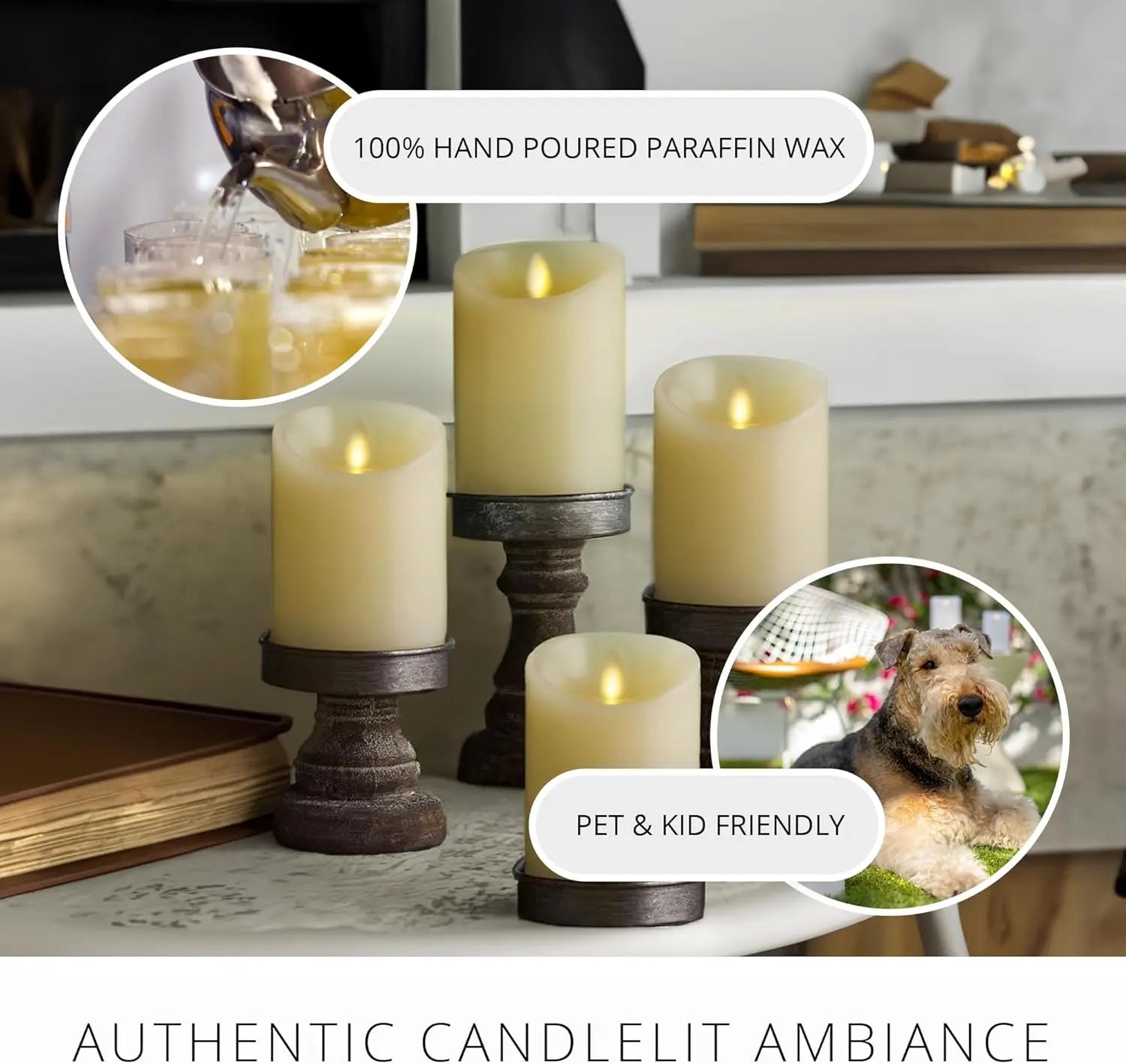 Flameless LED Flickering Pillar Candles, Ivory Pack of 4, Realistic Moving Flame for Indoor/Outdoor Decor