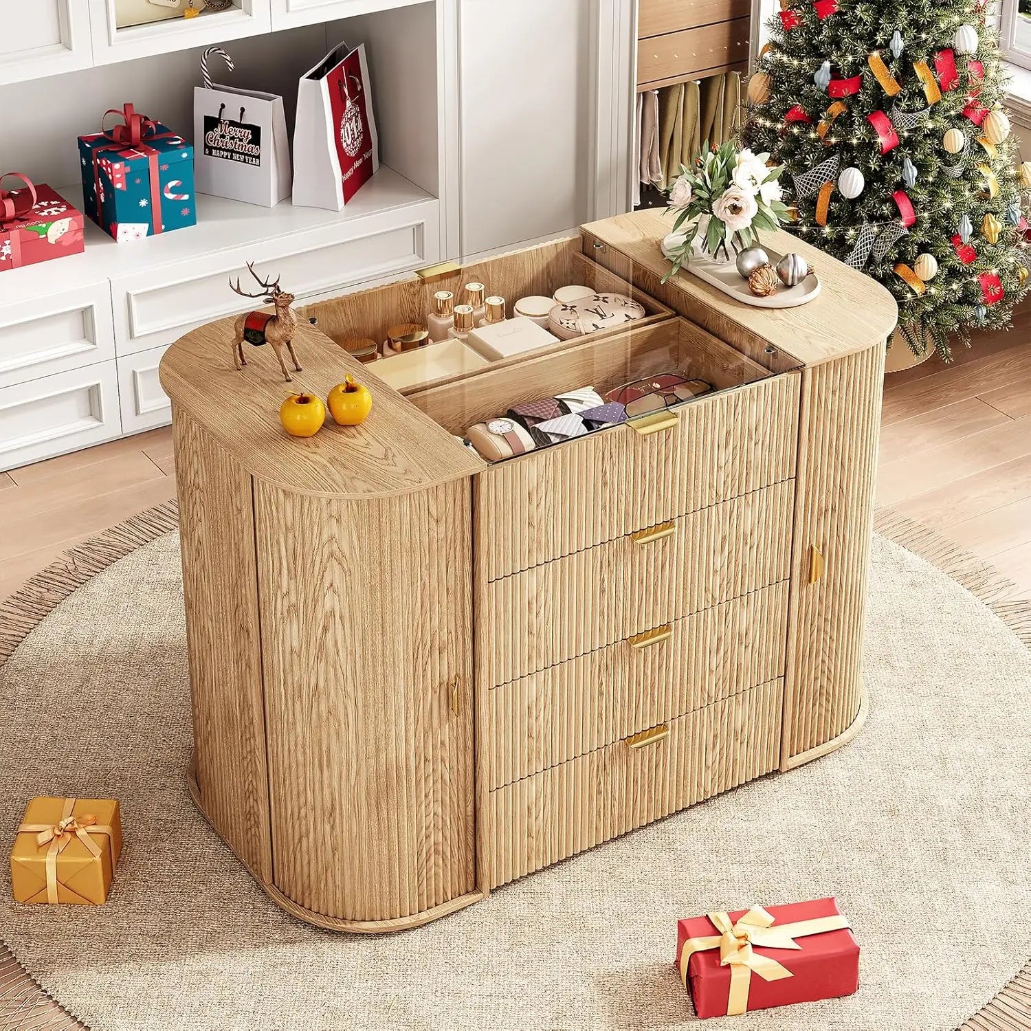 Tambour Closet Island with 8 Drawers & 8 Large Storage Space,Bedroom Armoire Island with Glass Top,Freestanding Wardrobe Closet