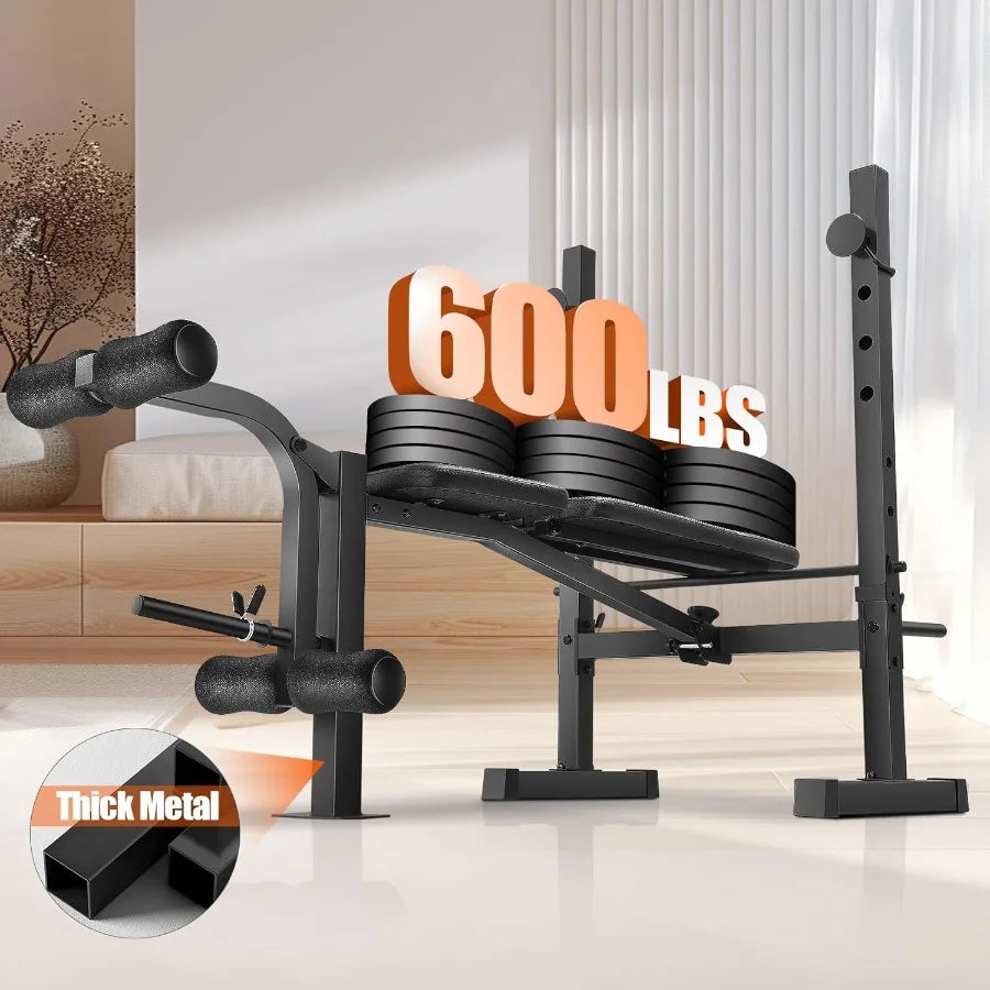 600LBS Adjustable Weight Bench with Squat Rack and Leg Extension for Full Body Home Gym Workout Incline Decline Flat Bench Pres