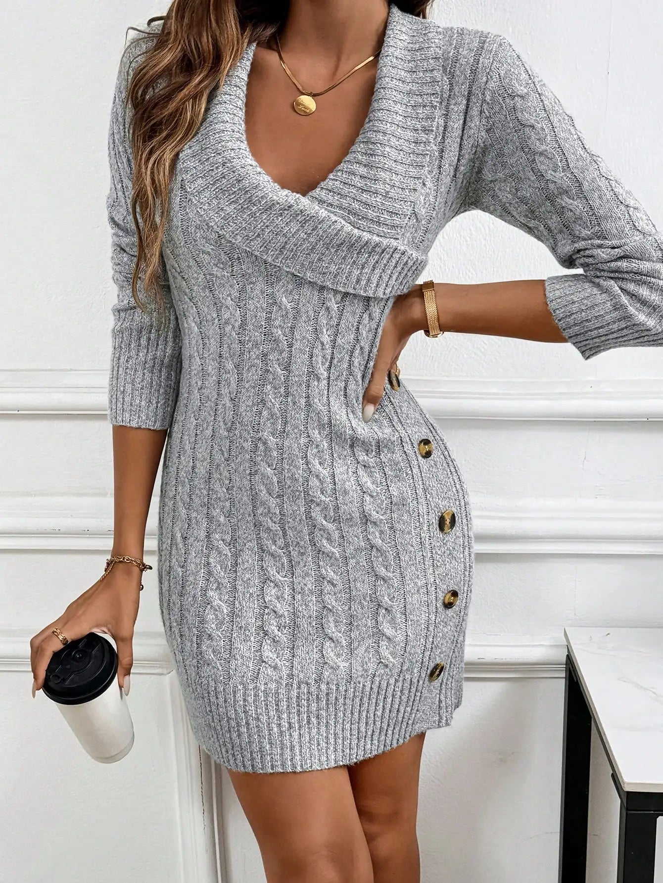 Knitted Long Sleeve Sweater Dress With Collar Design, Comfortable Fall Winter Cloth For Women