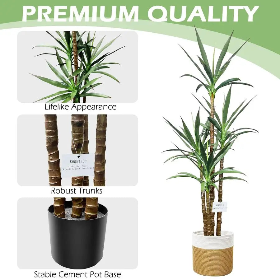 Trees 4.8Ft Faux Tree 4 Heads Agave Plants, Tall Plant Fake Plant with Plastic Pot for Home Decor, Office Decor