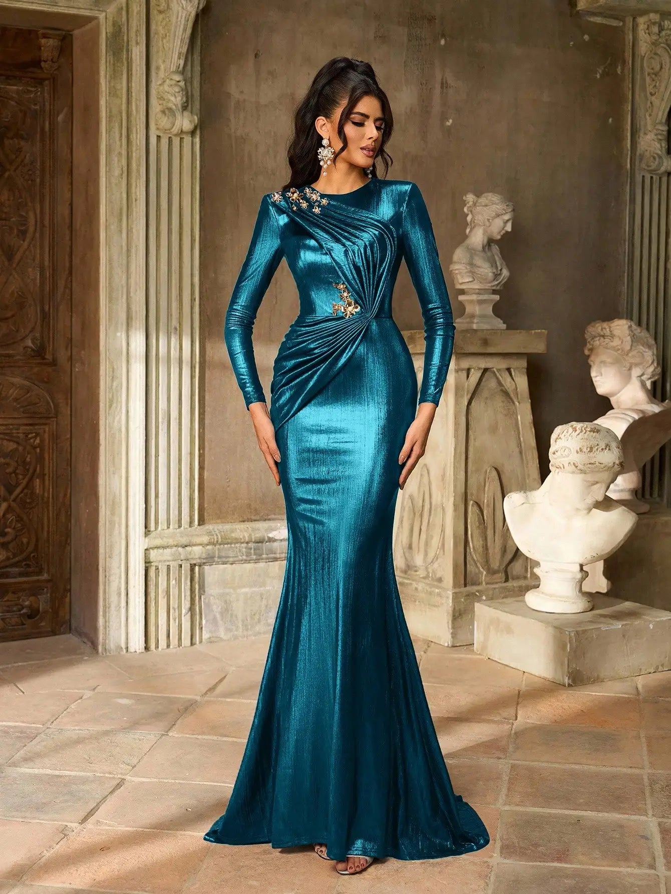 Elegant Deep Brown Metallic Long Sleeve Fishtail Evening Gown with 3D Floral Embellishments