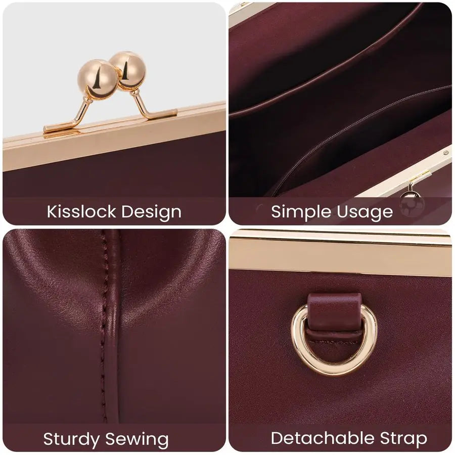 Womens Kiss Lock Bag PU Medium Top Handle Handbags Kiss Clasp Shoulder Bags Tote Purse Messenger Clutch