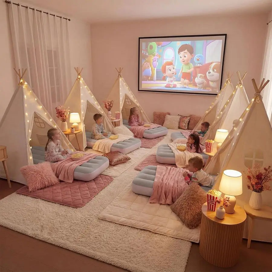 2 Pack Teepee Tent for Kids with Inflatable Airbed, Indoor Play Tent Foldable for Boys Girls Party Sleepover Slumber Gifts Toy