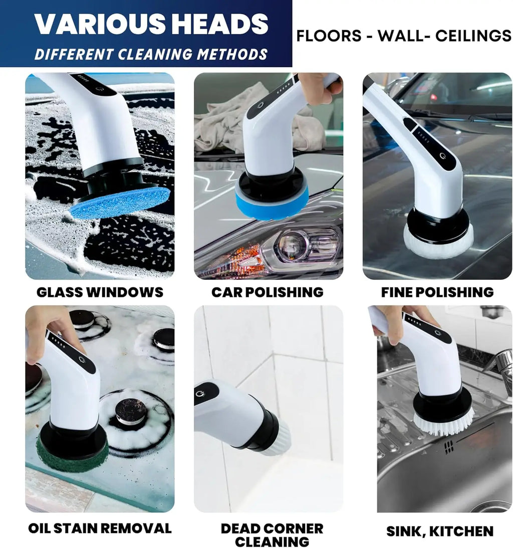 Chimera MKT Electric Spin Scrubber - Cordless, 7 Heads, 2 Speeds, Long Handle Shower Cleaner (White)