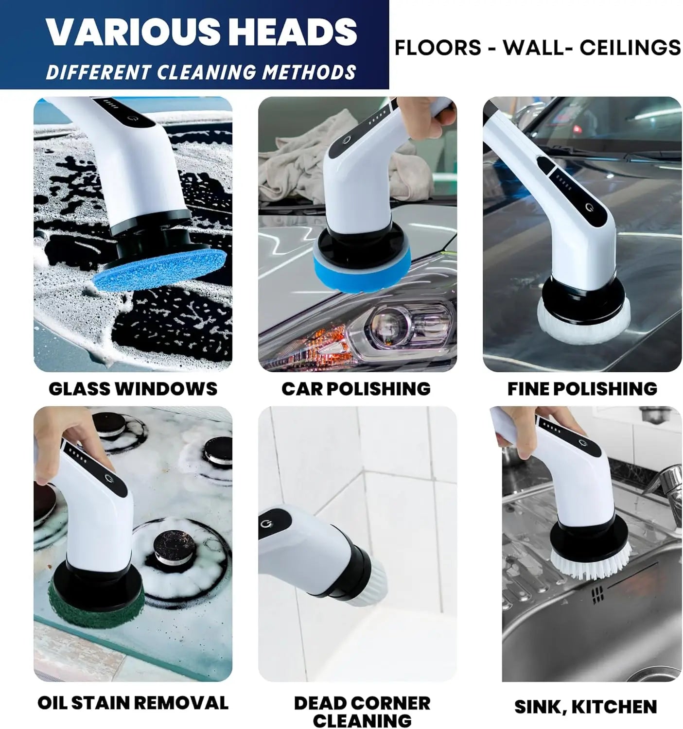 Chimera MKT Electric Spin Scrubber - Cordless, 7 Heads, 2 Speeds, Long Handle Shower Cleaner (White)