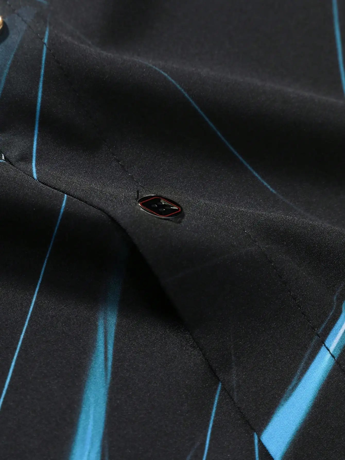 Men's Black Long Sleeve Shirt with Blue Geometric Graphic Pattern, Casual Style