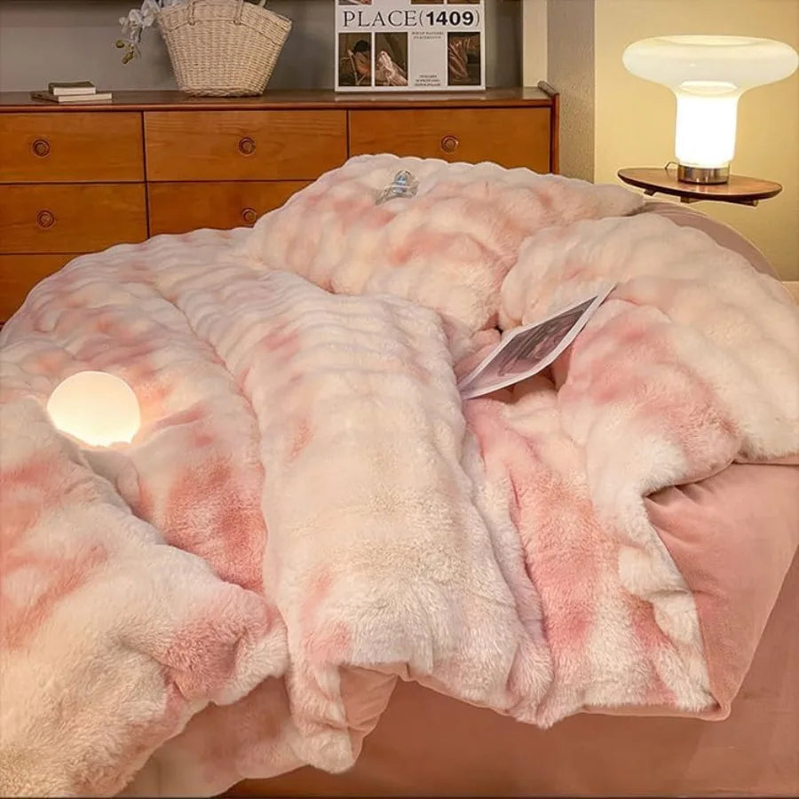 ZYFAB Fluffy Plush Shaggy Bedding Set 4 Pieces Super Soft Winter Reversible Duvet Cover Set in Brown Queen Size with Thick Comf