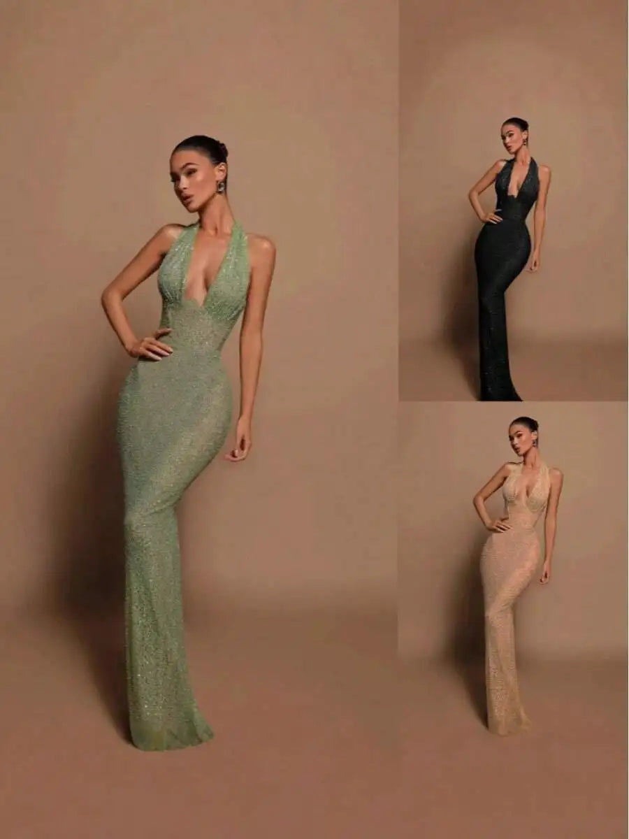 Elegant Halter Deep V Neck Sequin Maxi Dress for Evening Parties