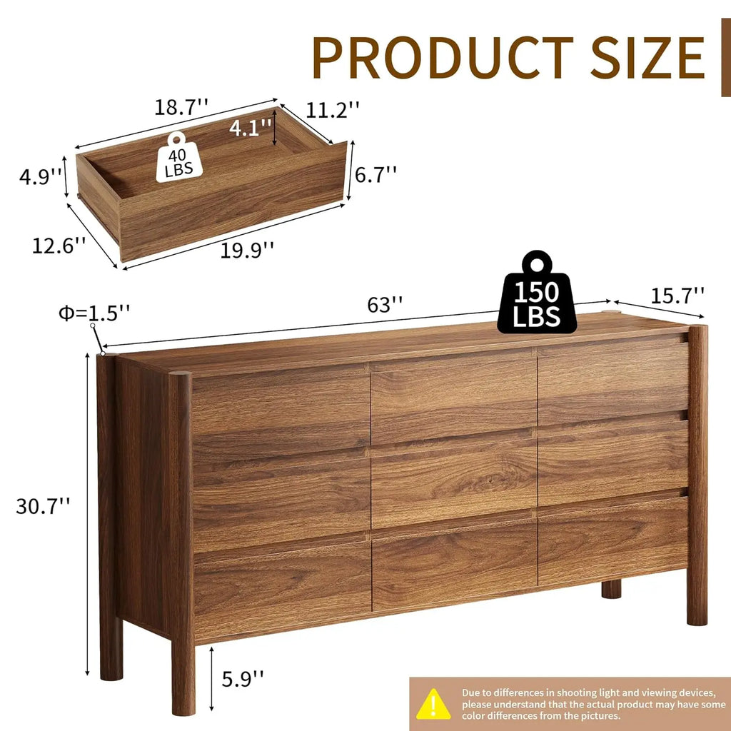 Dresser for Bedroom, 63" Wide Mid Century Modern Chest of Drawers with 9 Large Storage Space and 4 Solid Wood, Customized