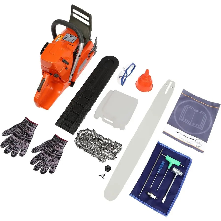 24Inch 65CC 2-Stroke Gas Chainsaw 3.4KW Single Cylinder Gasoline Powered Chainsaw with Hand Pull Start for Forest Wood Garden a