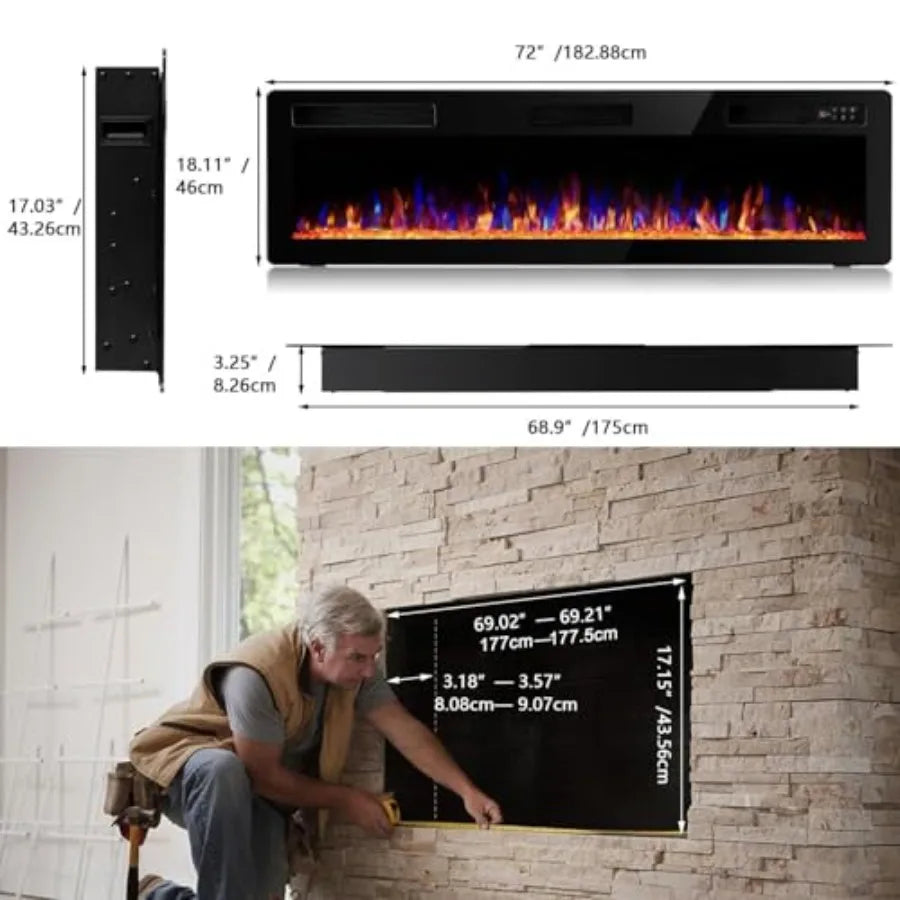 72 Inch Ultra Thin Electric Fireplace with Narrow Bezel for Living Room and Bedroom Linear Wall Mounted Heater with Remote and