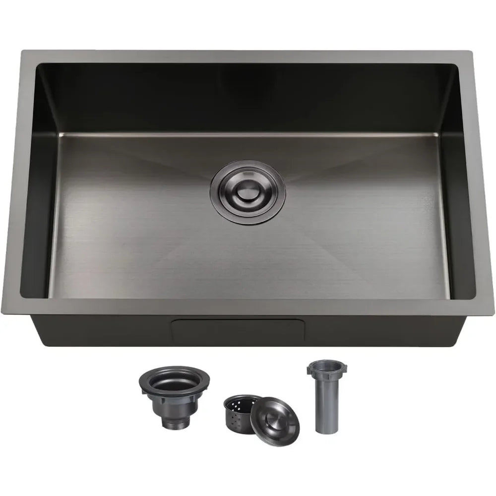 28 Inch Black Undermount Kitchen Sink, 9 Inch Deep Stainless Steel Single Bowl Kitchen Sink, Gauge  Nano Undermount Sinks