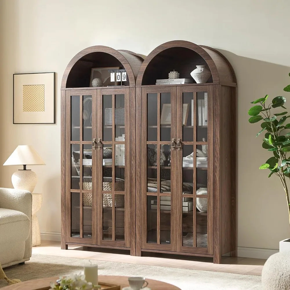 Customized. 71" Tall Arched Kitchen Pantry with Glass Doors, 5 Tier Modern Bookshelf with 2 Drawers, Wooden Storage Cabinet with