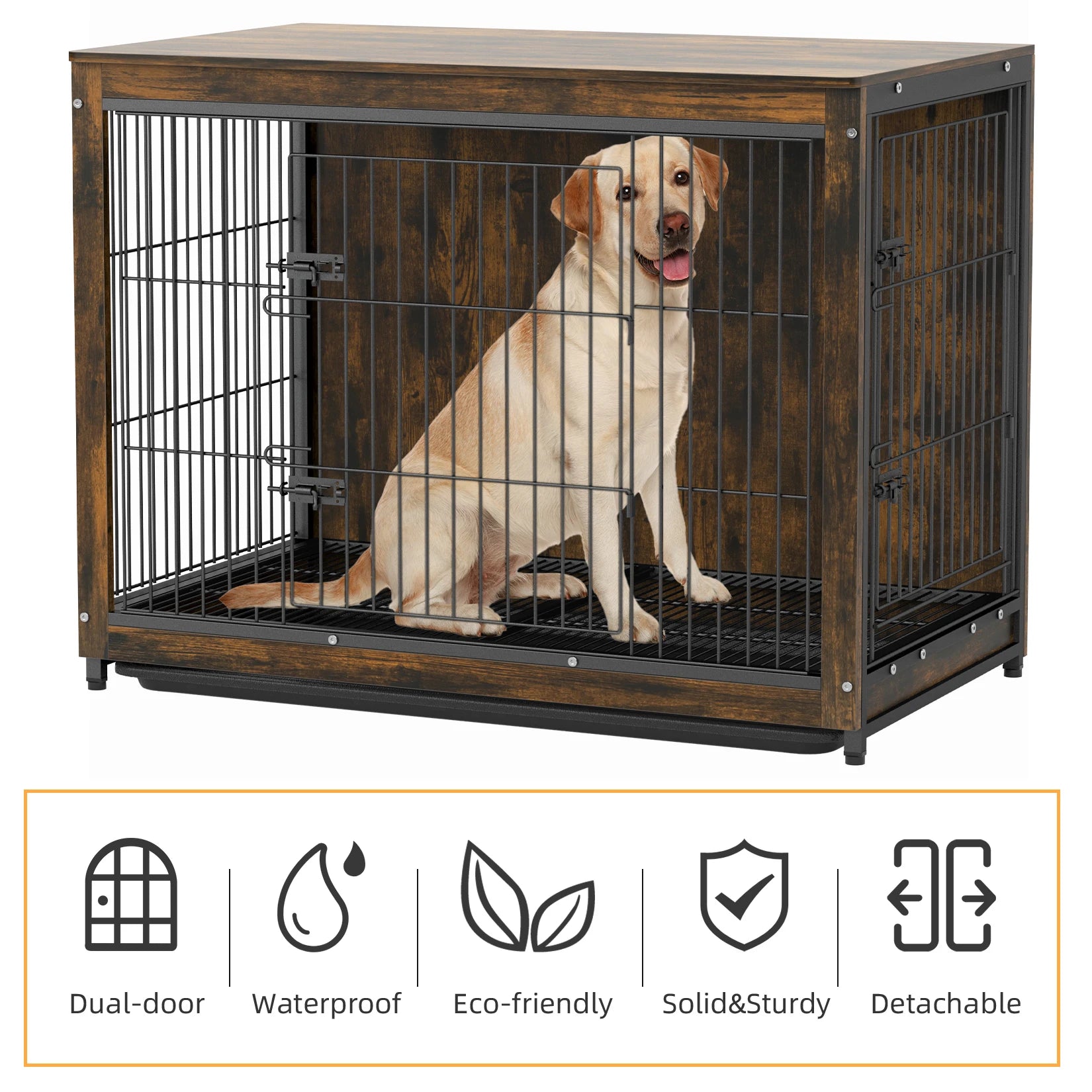 Pet Cage Kennels with 2 Doors and Removable Tray, Dog Crate, End Table Furniture, Wood Metal, Combine Pet Cage, S, M, L, 3 Sizes
