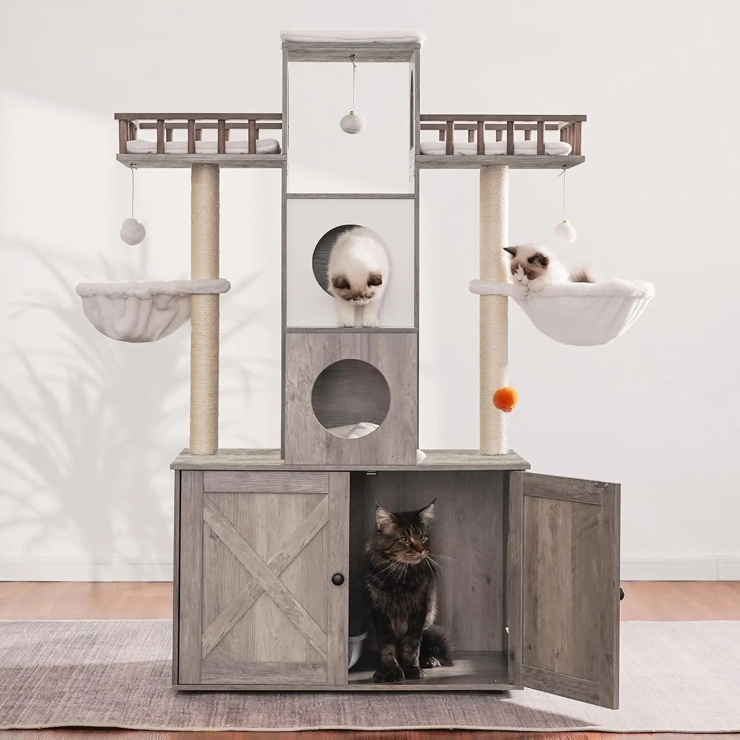 Large Cat Tree with Litter Box Enclosure, Heavy Duty Tower for Indoor Cats up to 20lbs, Modern Furniture with Scratching Posts