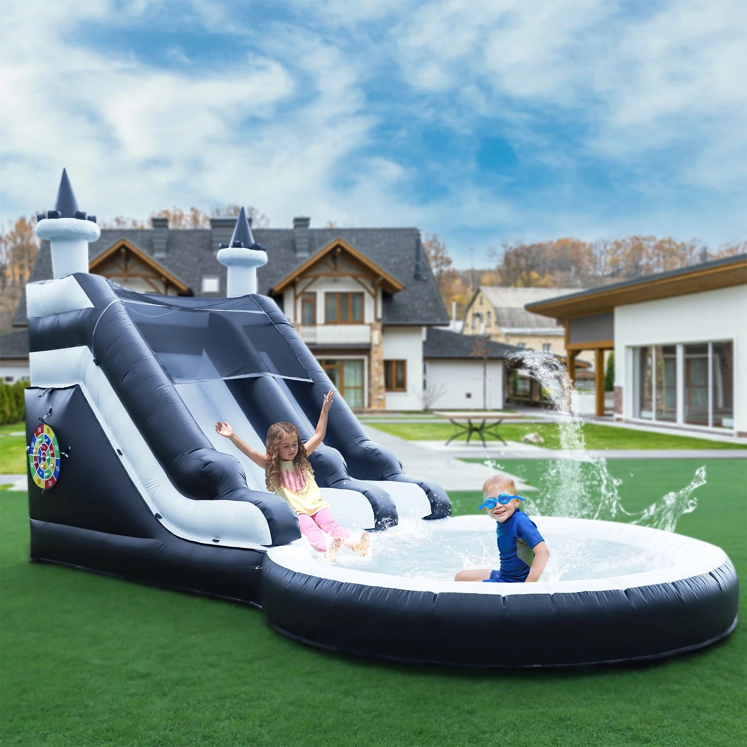 Inflatable black Summer Outdoor Sildes Air Bounce Water amusement Play Equipment Inflatble Water Double Slide Bubble Ball Pit