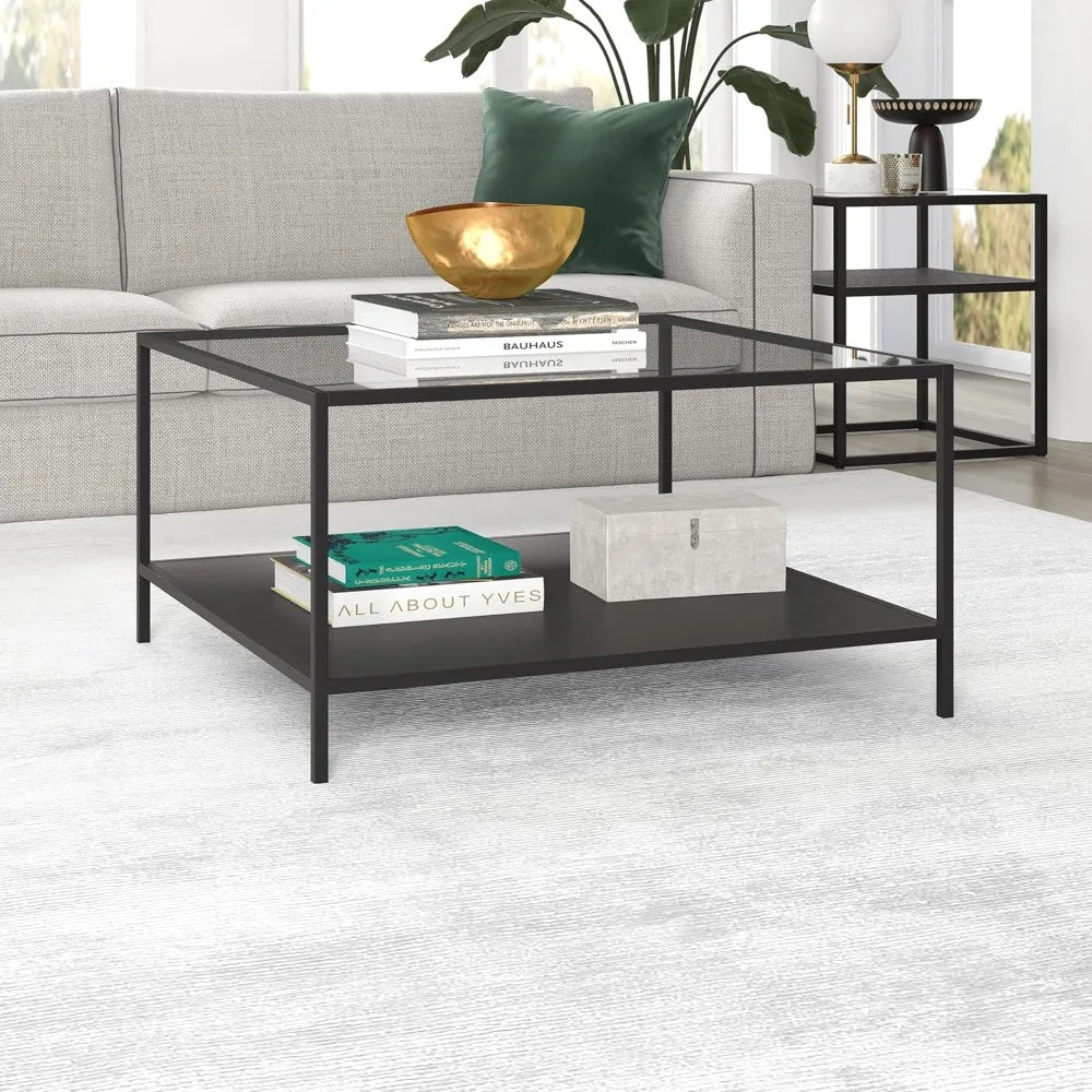 Square 32 Wide Coffee Table with Metal Shelf in Blackened Bronze, Modern coffee tables for living room, studio apartment.