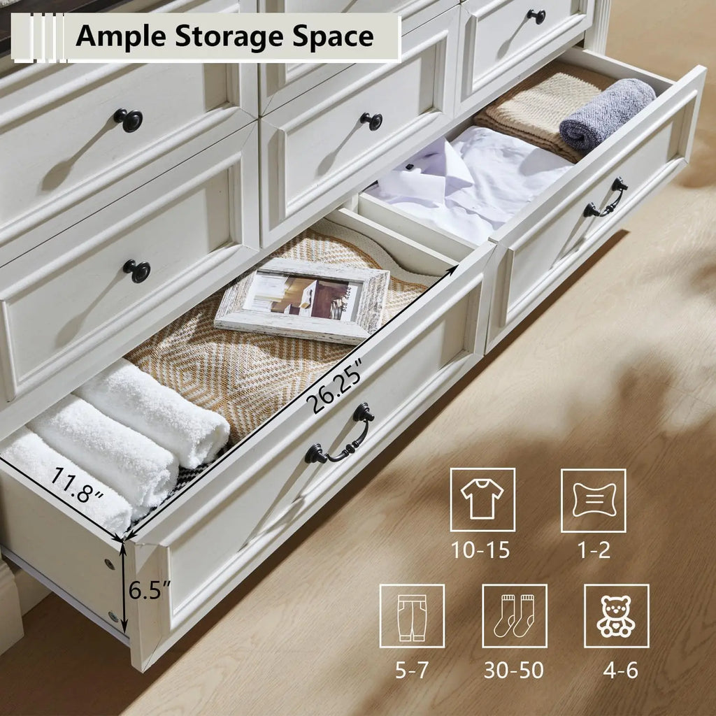 Farmhouse 8 drawer dresser, 61" wide large chest of drawers with Roman Columns, bedroom, hallway, living room, storage