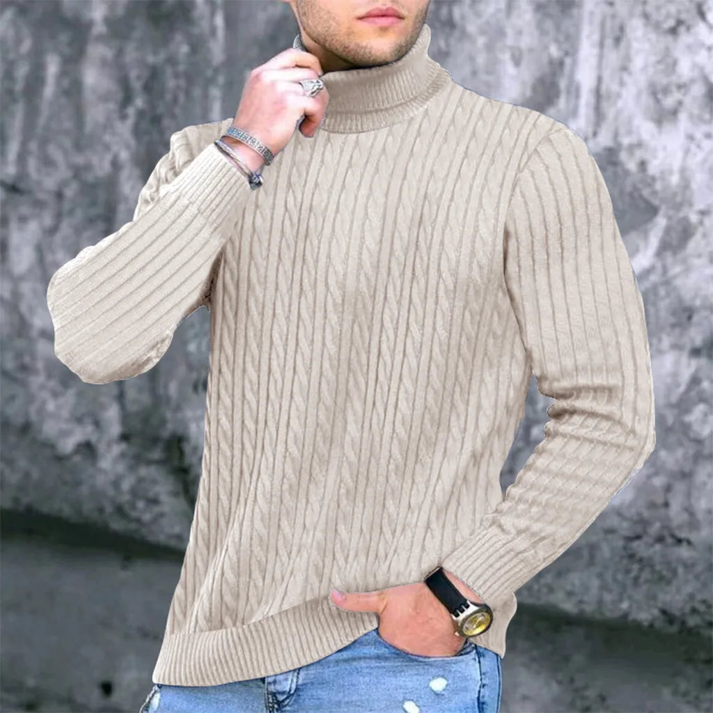 Autumn Winter New Men's Knit Sweater High Neck Warmth Fashion Solid Color Slim Fit Male Bottoming Tops Jacquard Pullovers