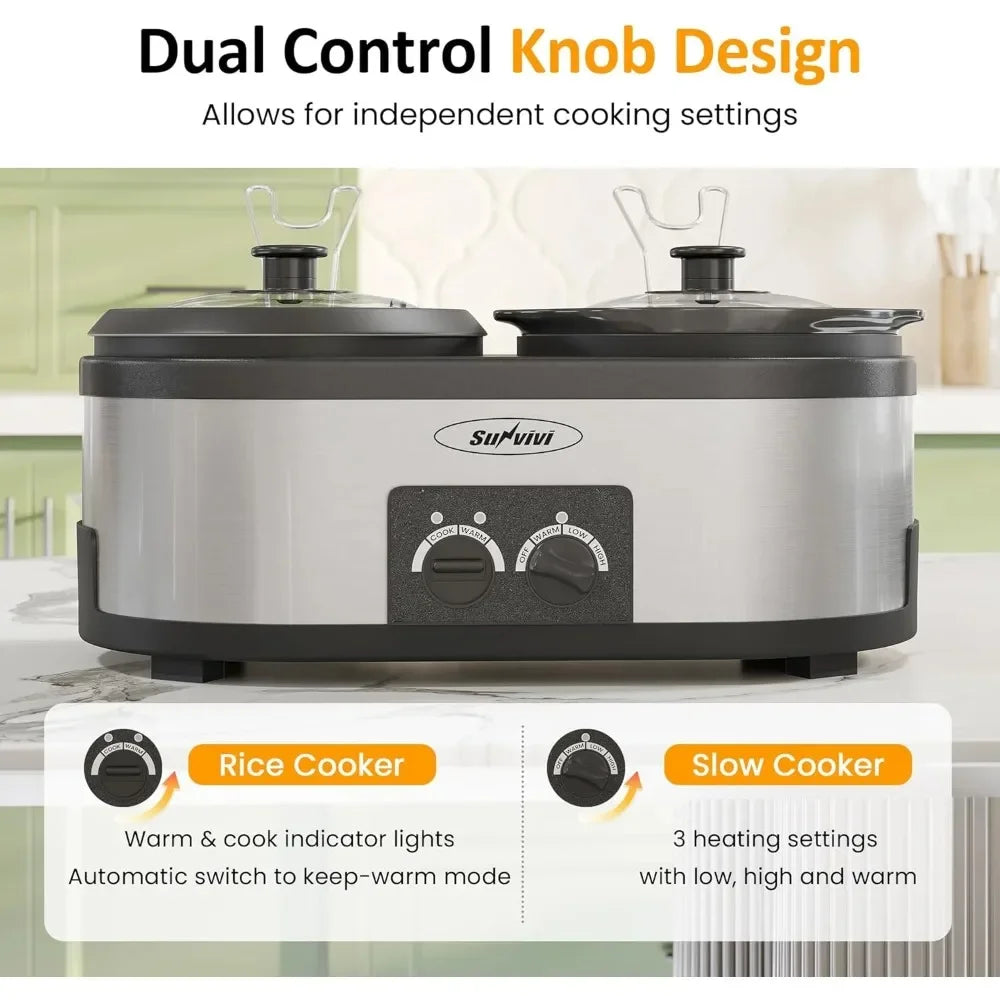 2 in 1 Slow Cooker and Rice Cooker, Multi Slow Cooker with 1.5 QT Ceramic Pot & 3 Cup Rice Cooker,Aluminum Pot &Indicator Lights