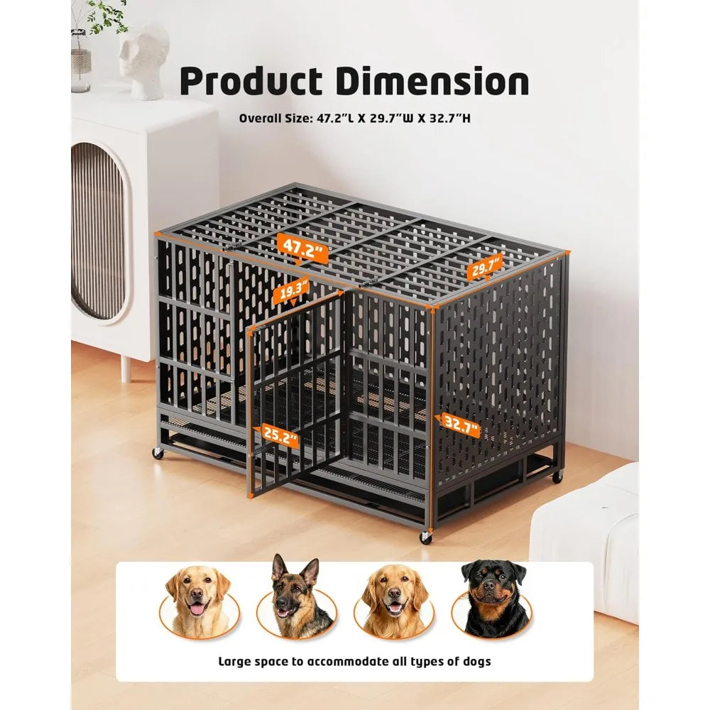 48 Inch Heavy Duty Indestructible Dog Crate Steel Escape Proof, Indoor Double Door High Anxiety Cage, Kennel with Wheels,Customi