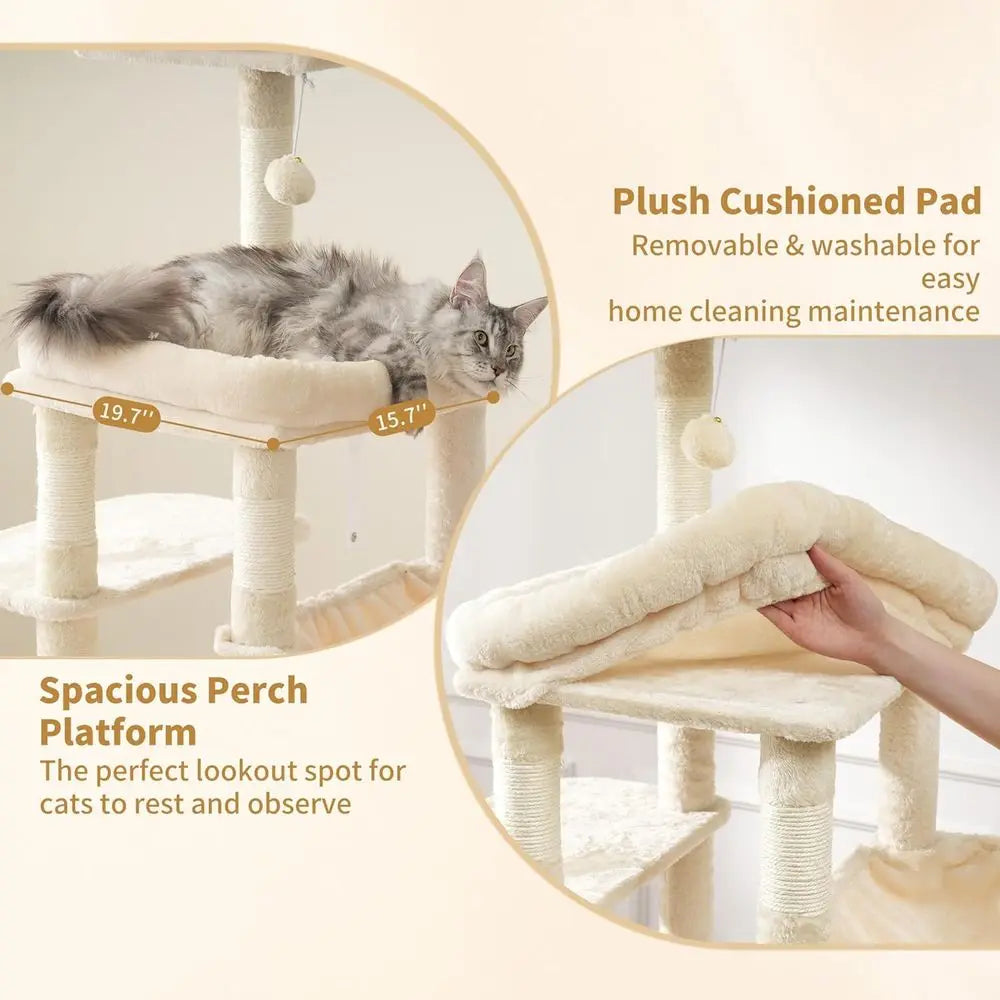 71 High Maine Coon Cat Tower with Large Base, Multi-Level Perches, 2 Hammocks & 12 Scratching Posts, Beige