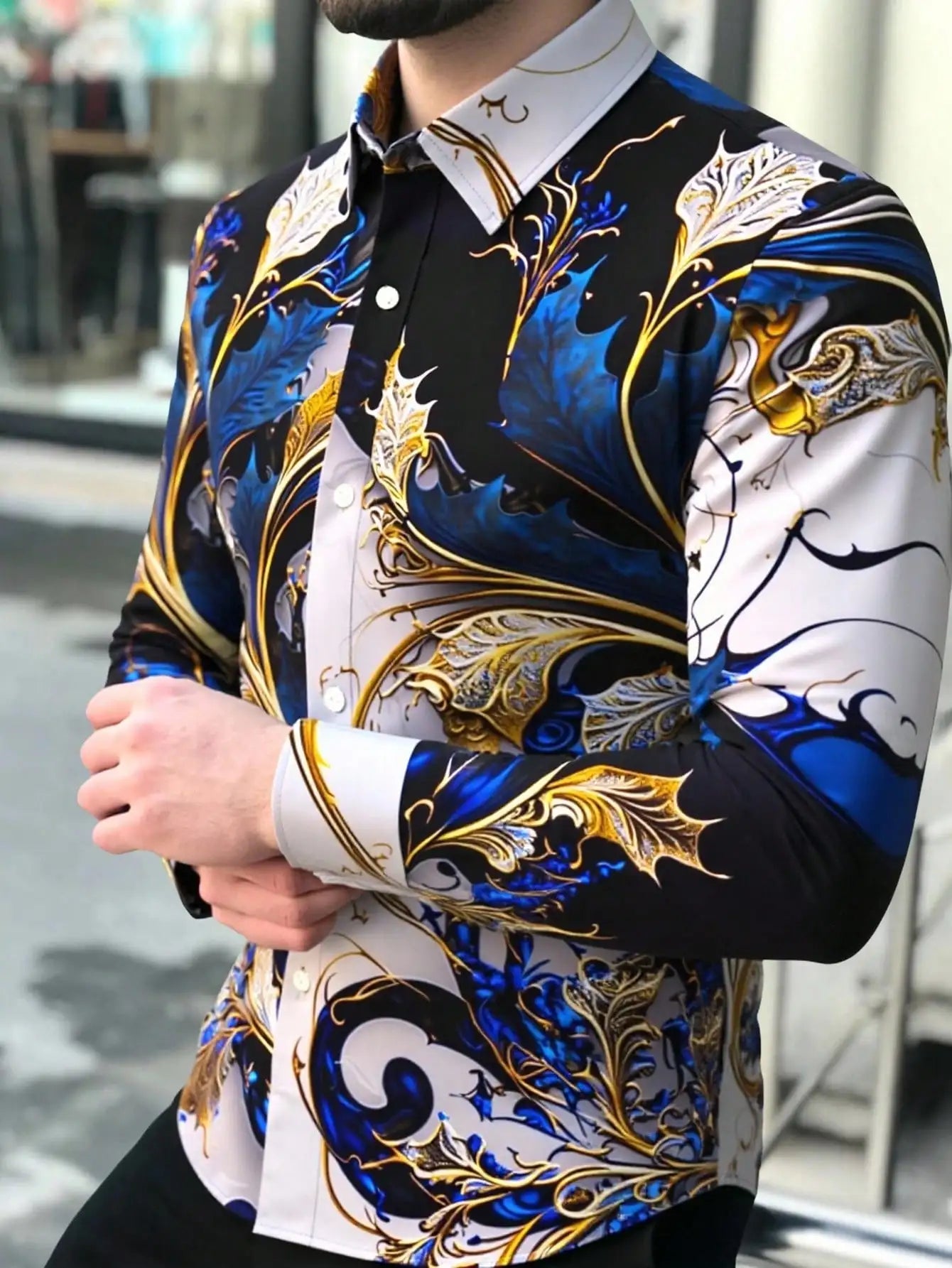 Men's Long Sleeve Shirt with Blue Gold Floral Baroque Print, Casual Luxury Fit for Spring Fall