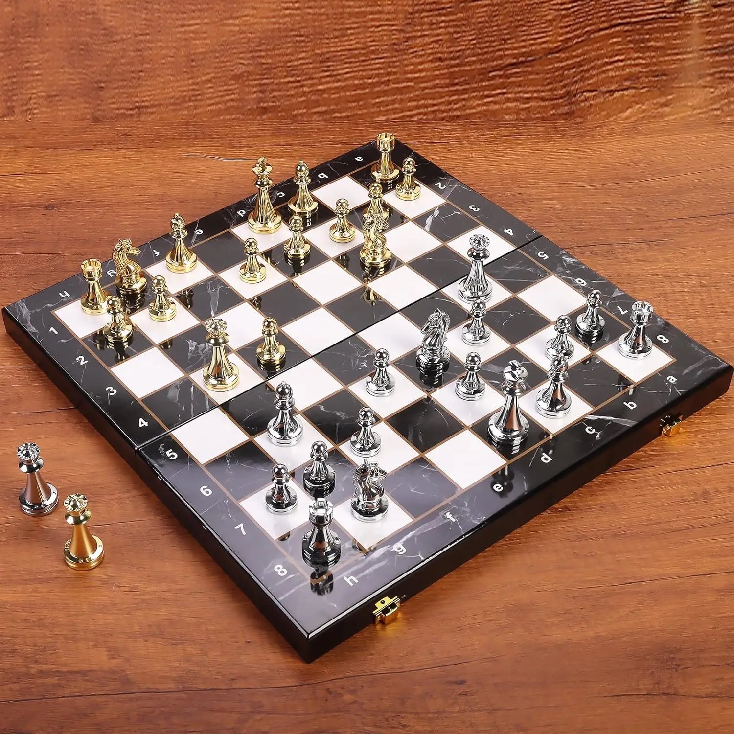Large Metal Chess Set with Storage, 15' Marbled Board, 32 Zinc Alloy Pieces, 2 Extra Queens, Folding Portable Travel Game