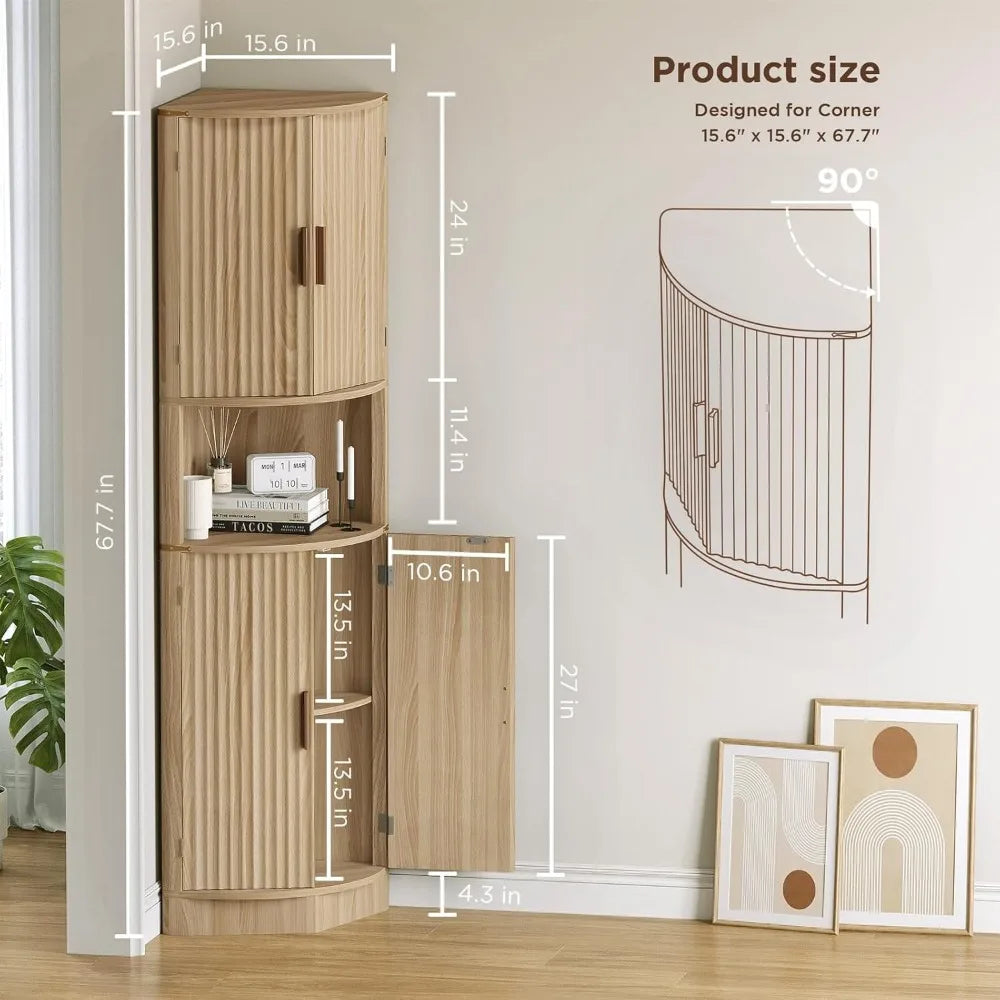 Maupvit 68 Tall Corner Storage Cabinet with 4 Doors and 5 Shelves, Modern Fluted Storage Cabinets, Corner Pantry Hutch Cupboard