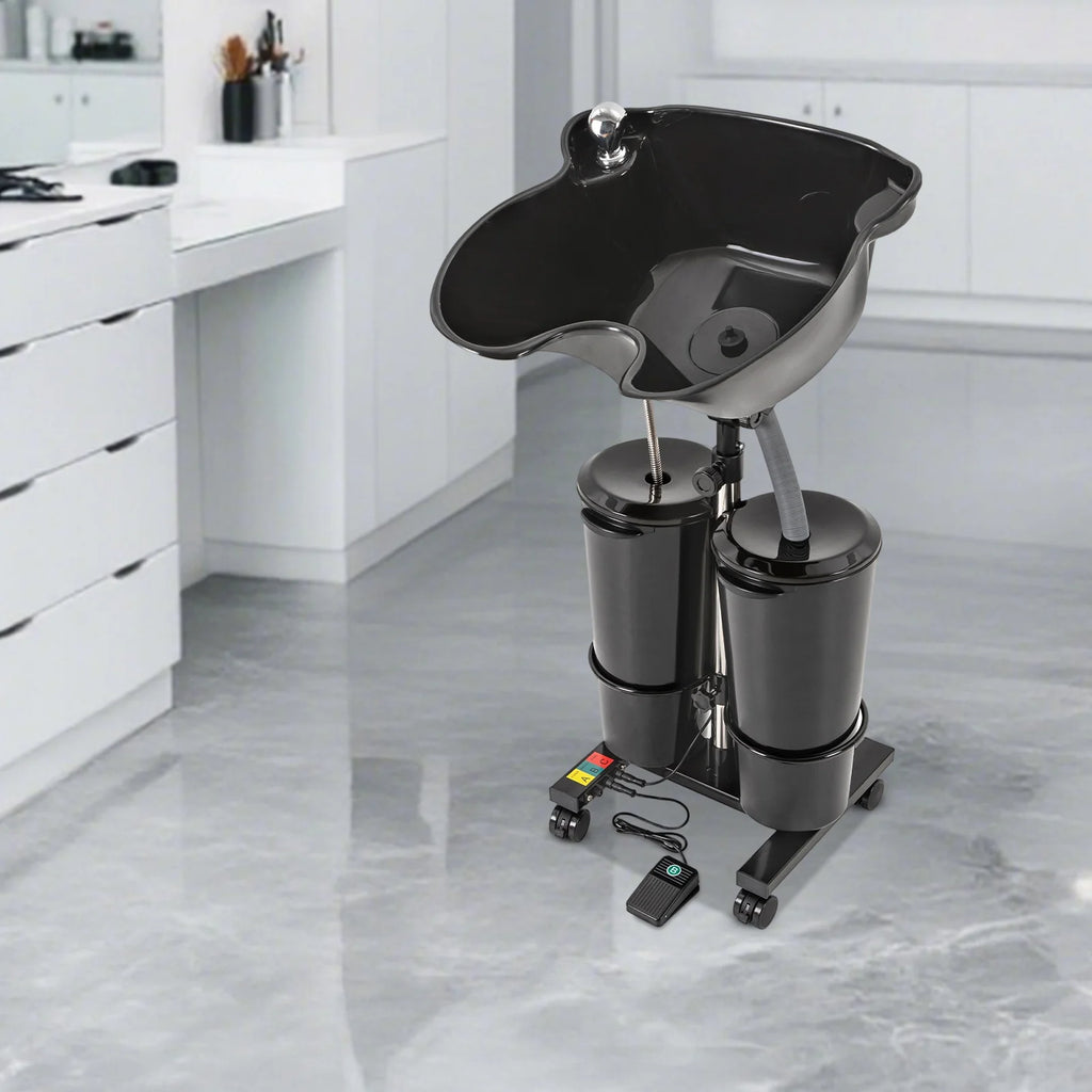 Portable Shampoo Sink Dual Bucket 10L Electric Pump, Height Adjustable Hair Wash Basin with Wheels for Salon Home Care