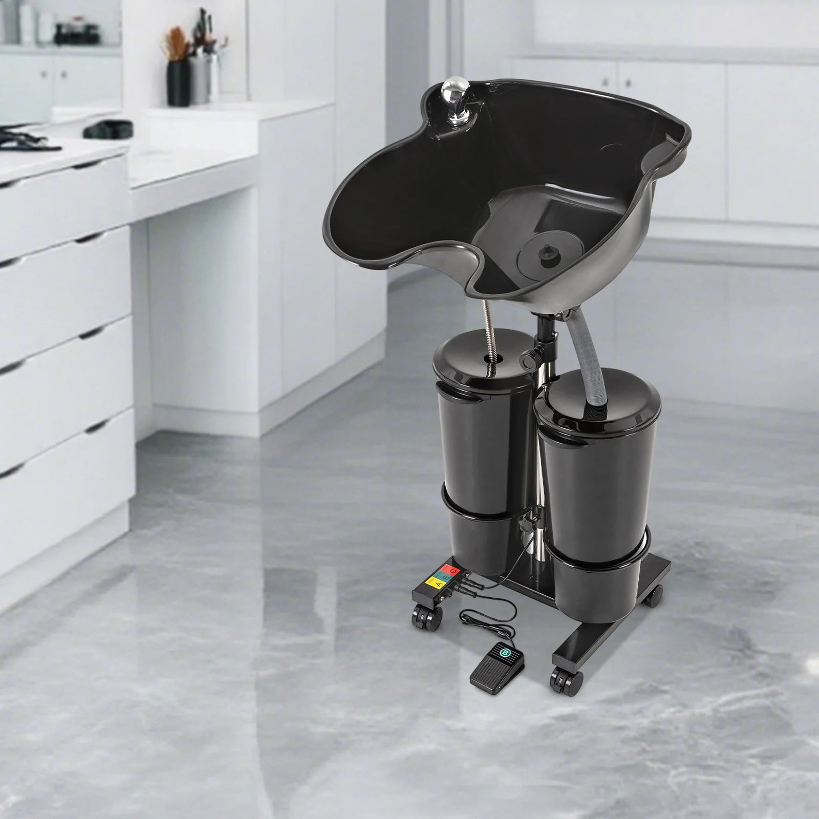 Portable Shampoo Sink Dual Bucket 10L Electric Pump, Height Adjustable Hair Wash Basin with Wheels for Salon Home Care