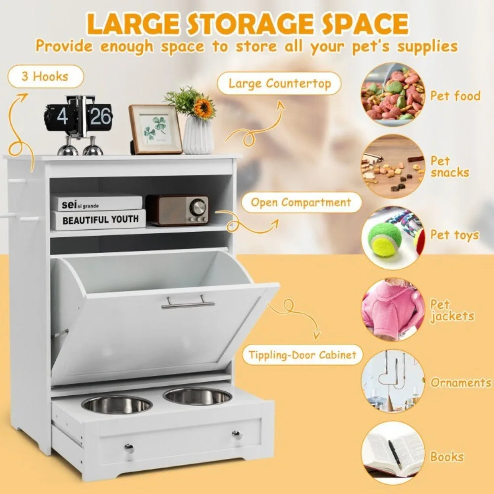 Pet Feeder Station Dog Food Storage Cabinet w/2 Dog Food Bowls Stainless Steel