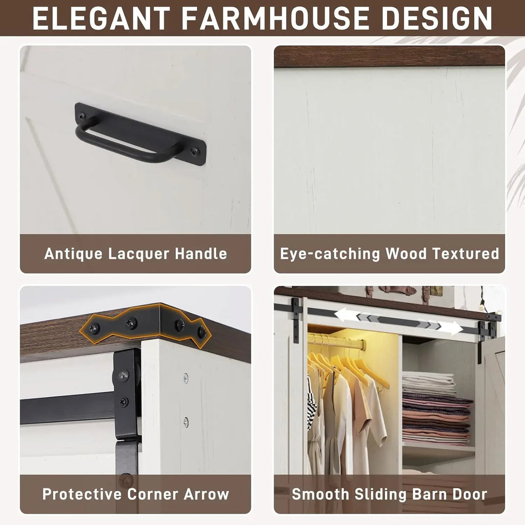 Farmhouse 4-Door Armoire with Sliding Barn Door, LED Lighting, Drawers & Hanging Rod, Antique White Freestanding Wardrobe