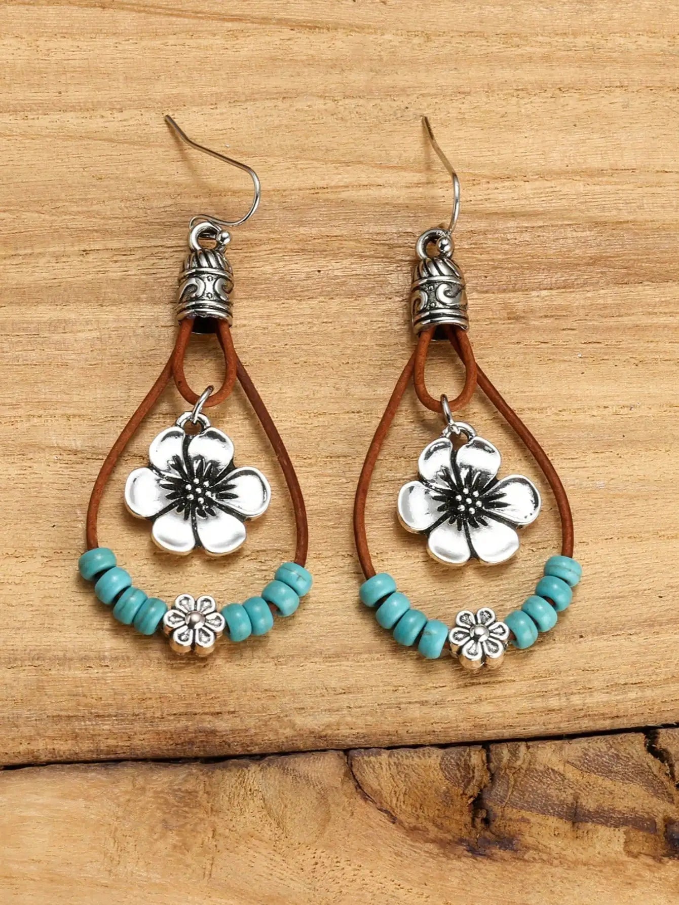 Bohemian Flower Dangle Earrings with Turquoise Beads & Leather Cord, Vintage Alloy Jewelry for Women