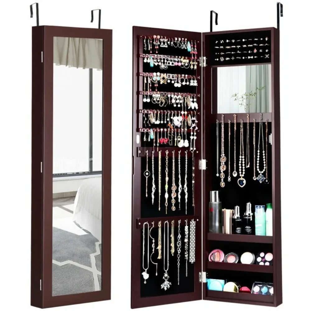 Mirrored Jewelry Cabinet Armoire Storage Organizer Wall Door Mounted Dark Brown