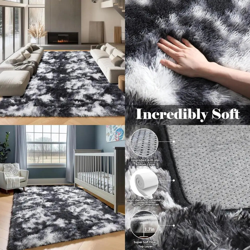 Large 8x10 Black & White Shaggy Rug for Living Room, Kids' Rooms, and Bedrooms - Washable, Plush, Thick Floor Carpet for Home De