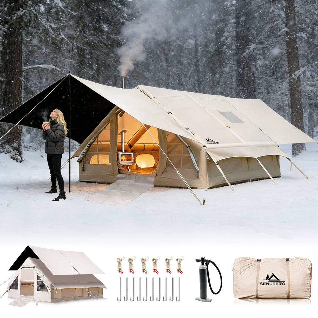 Inflatable Camping Tent 8-10 Person,129 Square Feets Large Inflatable Camping Tent with Stove Jack,Blow up Tent with Mesh Window