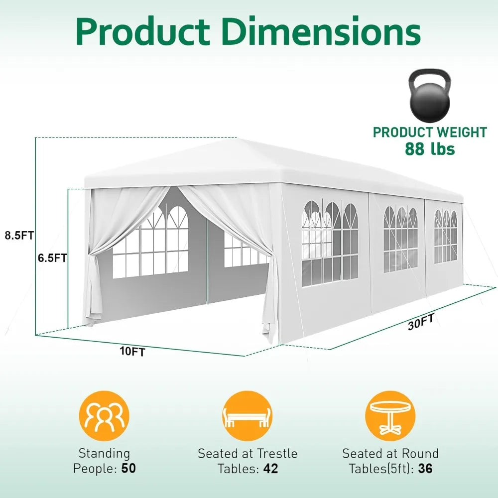 2025 Enhanced 10x30 Outdoor Party Tent, Suitable for Weddings, Birthdays, and Large Canopies with 8 Sidewalls and Clear Panels