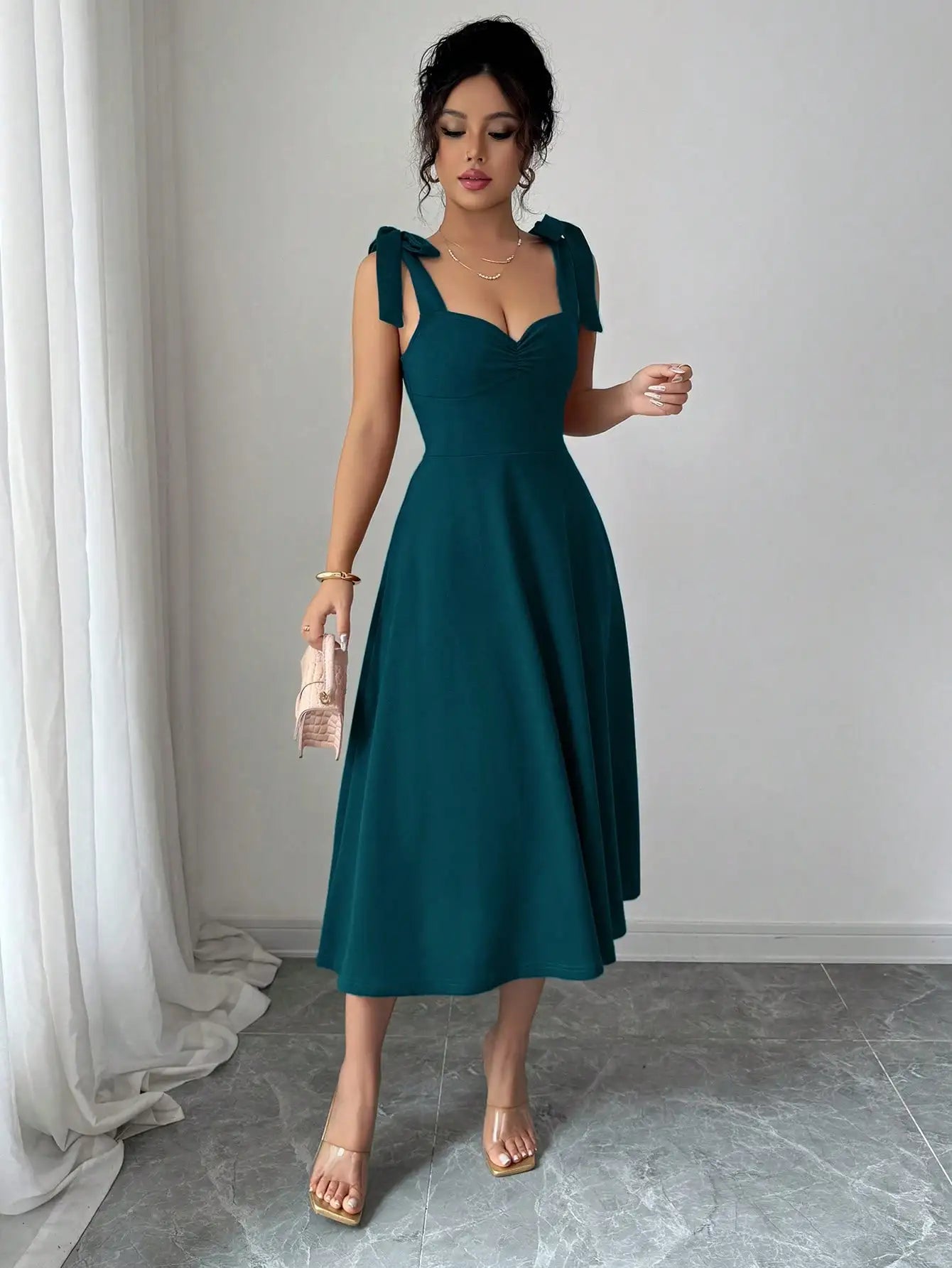 Teal Sleeveless Bow-Shoulder A-Line Midi Dress with Ruched Bust