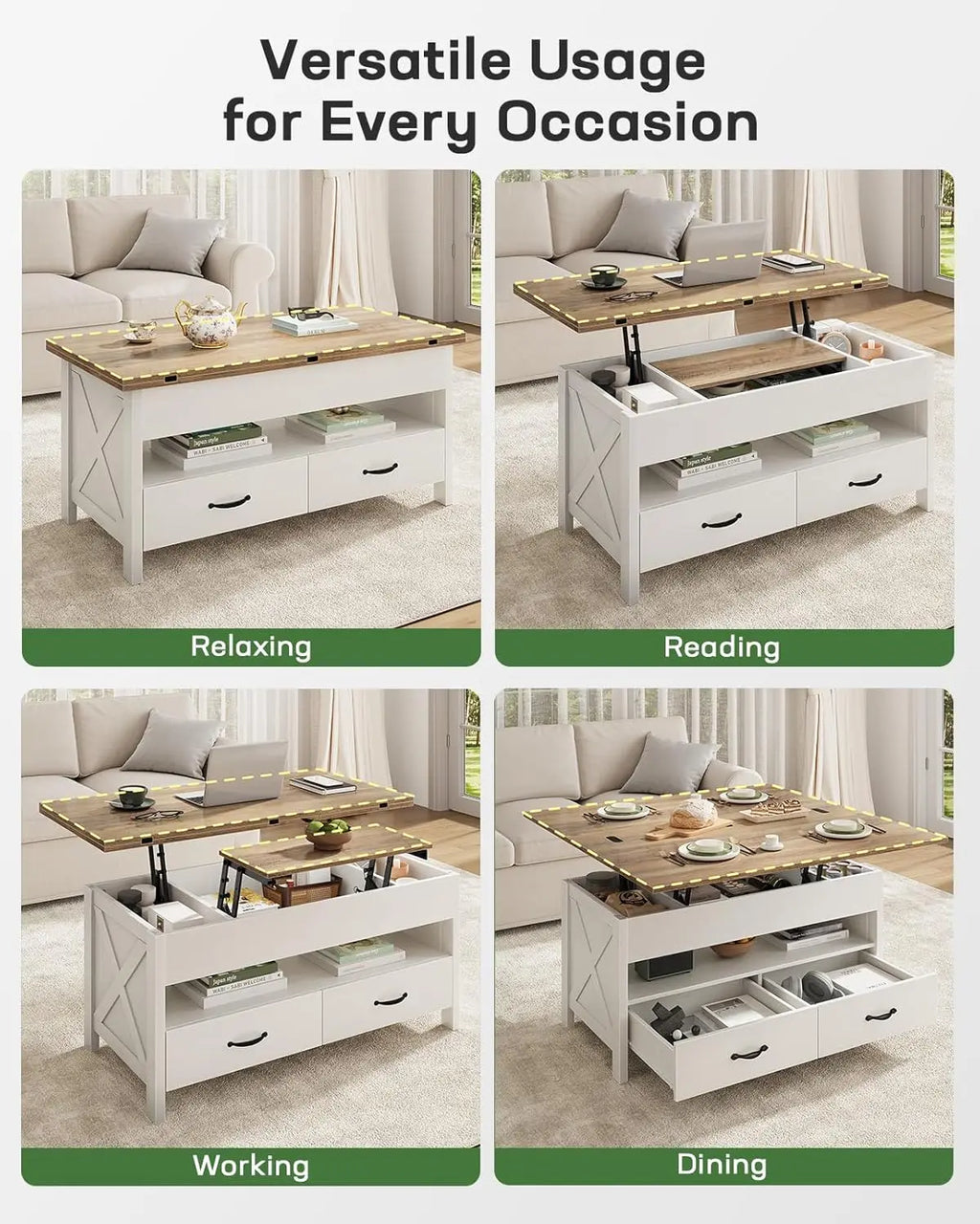 40" Lift Top Coffee Table, 4 in 1 Coffee Table with Hidden Compartment,  Multifunctional Farmhouse Center Tables